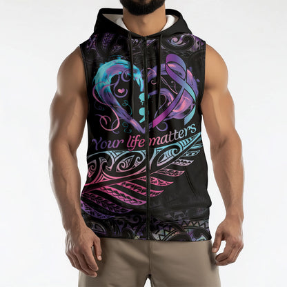 Personalised Your Life Matters Sleeveless Zip Hoodie Suicide Prevention Support Semicolon Maori Heart