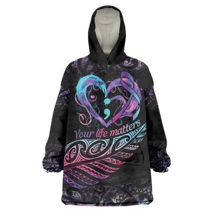 Personalised Your Life Matters Wearable Blanket Hoodie Suicide Prevention Support Semicolon Maori Heart