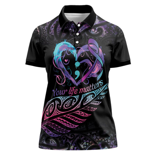 Personalised Your Life Matters Women Polo Shirt Suicide Prevention Support Semicolon Maori Heart