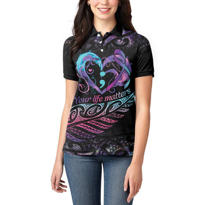 Personalised Your Life Matters Women Polo Shirt Suicide Prevention Support Semicolon Maori Heart