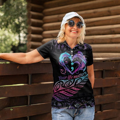 Personalised Your Life Matters Women Polo Shirt Suicide Prevention Support Semicolon Maori Heart