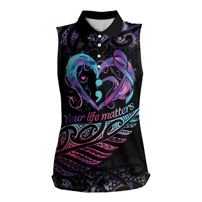 Personalised Your Life Matters Women Sleeveless Polo Shirt Suicide Prevention Support Semicolon Maori Heart