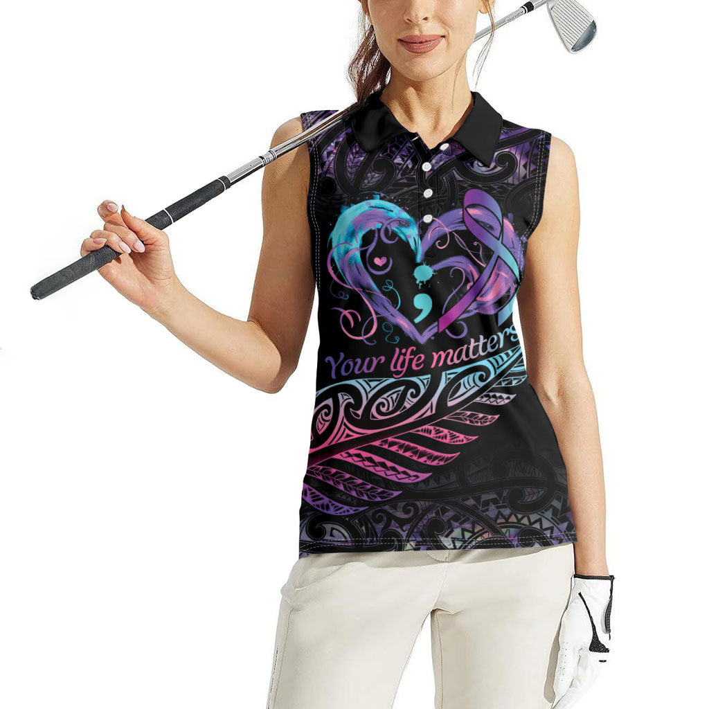 Personalised Your Life Matters Women Sleeveless Polo Shirt Suicide Prevention Support Semicolon Maori Heart