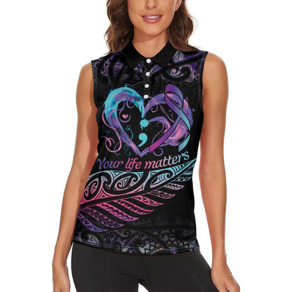 Personalised Your Life Matters Women Sleeveless Polo Shirt Suicide Prevention Support Semicolon Maori Heart