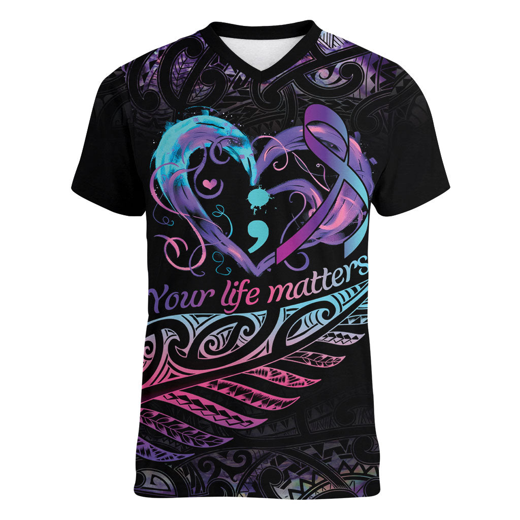 Personalised Your Life Matters Women V-Neck T-Shirt Suicide Prevention Support Semicolon Maori Heart