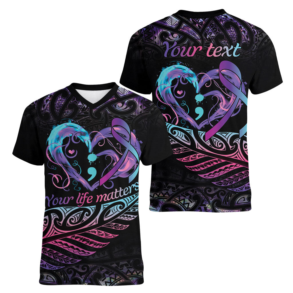 Personalised Your Life Matters Women V-Neck T-Shirt Suicide Prevention Support Semicolon Maori Heart