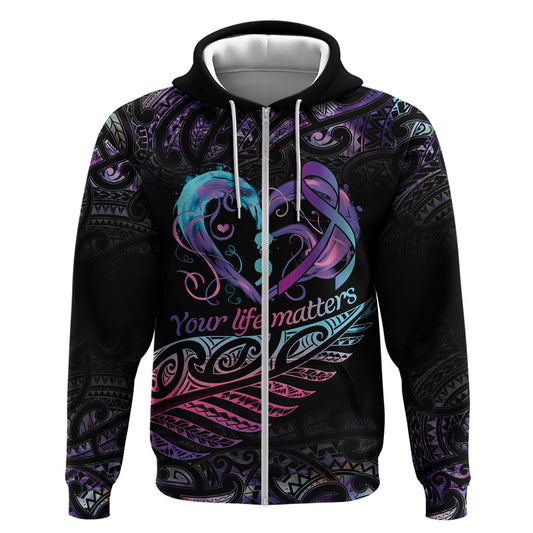 Personalised Your Life Matters Zip Hoodie Suicide Prevention Support Semicolon Maori Heart