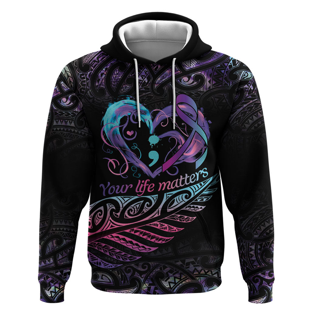 Personalised Your Life Matters Zip Hoodie Suicide Prevention Support Semicolon Maori Heart