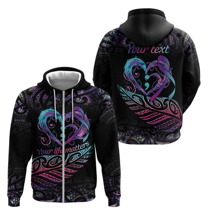 Personalised Your Life Matters Zip Hoodie Suicide Prevention Support Semicolon Maori Heart