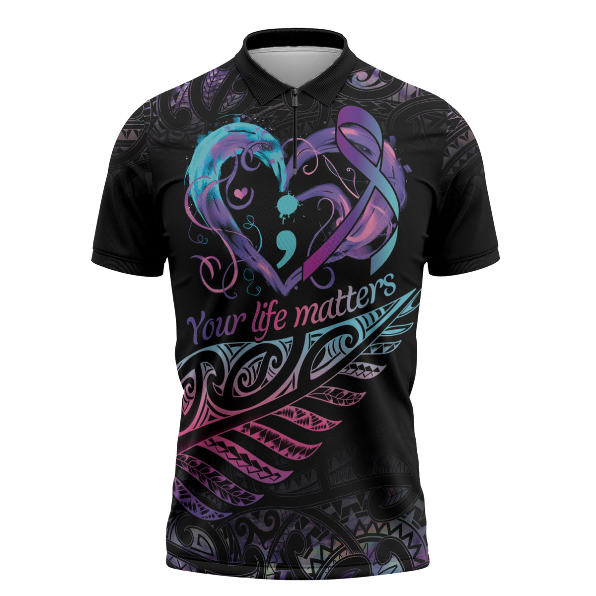 Personalised Your Life Matters Zipper Polo Shirt Suicide Prevention Support Semicolon Maori Heart