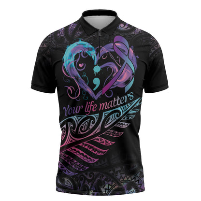 Personalised Your Life Matters Zipper Polo Shirt Suicide Prevention Support Semicolon Maori Heart