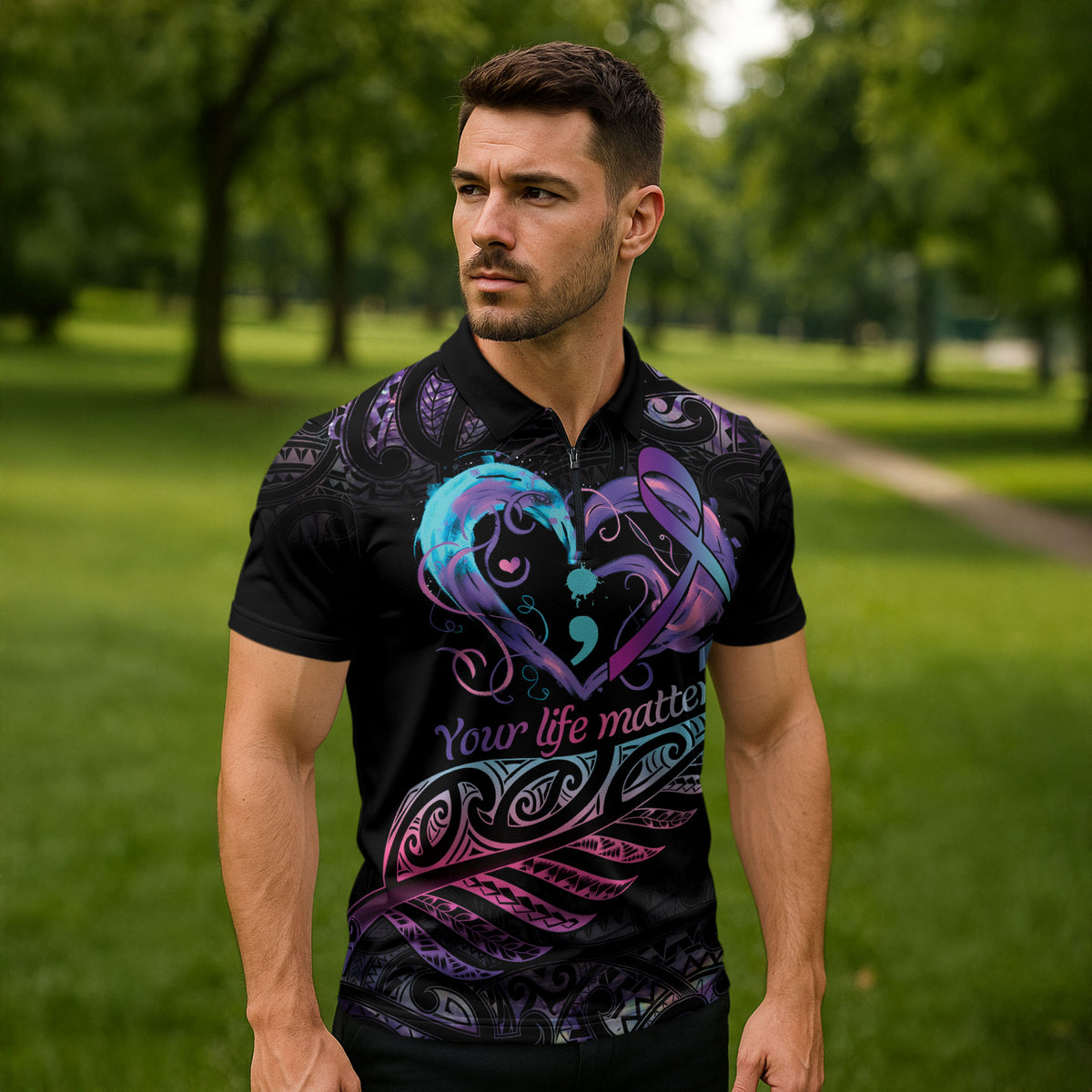 Personalised Your Life Matters Zipper Polo Shirt Suicide Prevention Support Semicolon Maori Heart