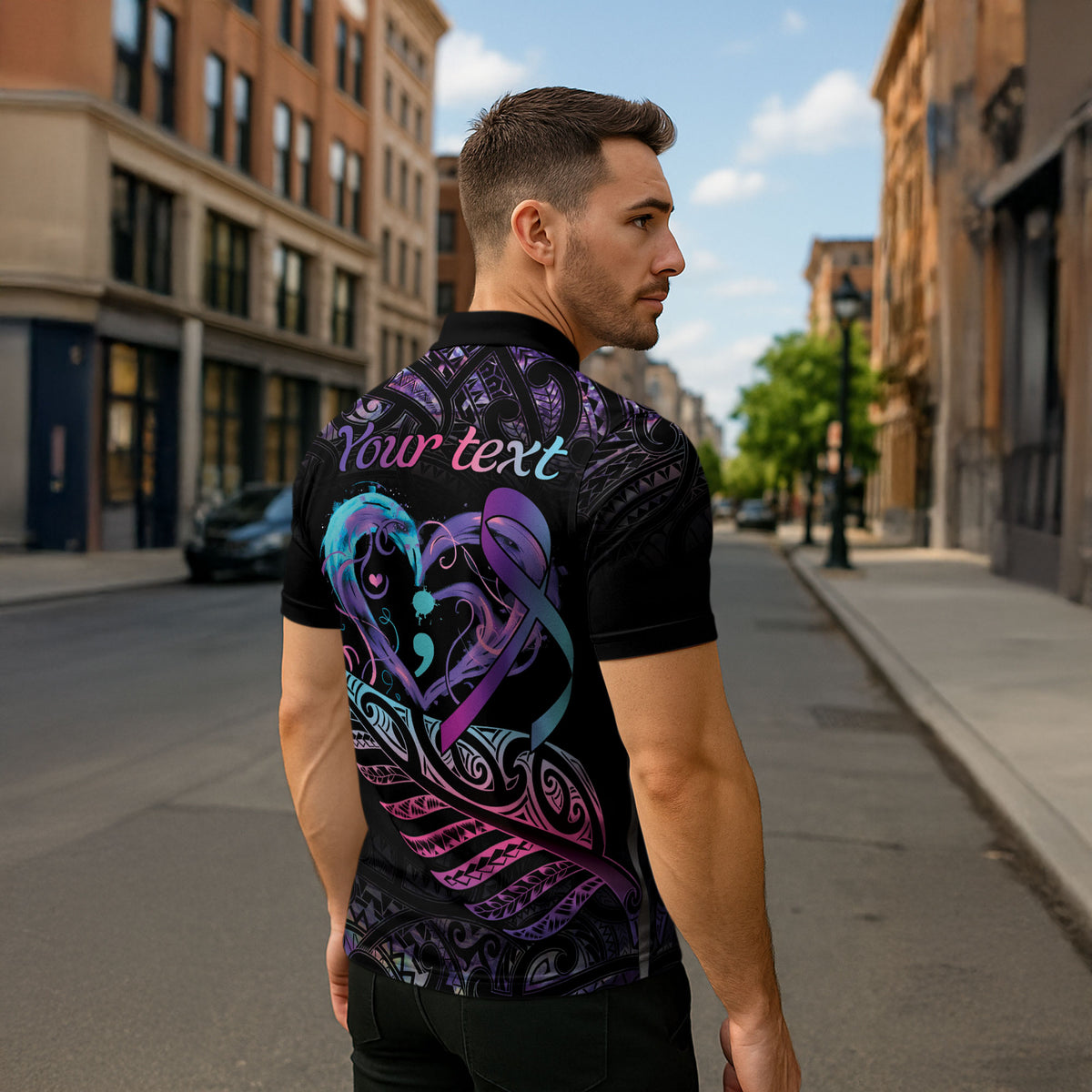 Personalised Your Life Matters Zipper Polo Shirt Suicide Prevention Support Semicolon Maori Heart