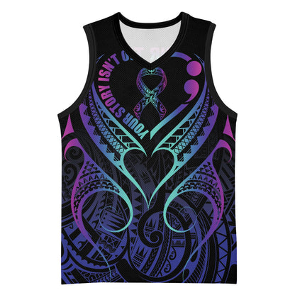 Personalised Your Story Isn't Over Basketball Jersey Suicide Prevention Support Semicolon Polynesian Heart