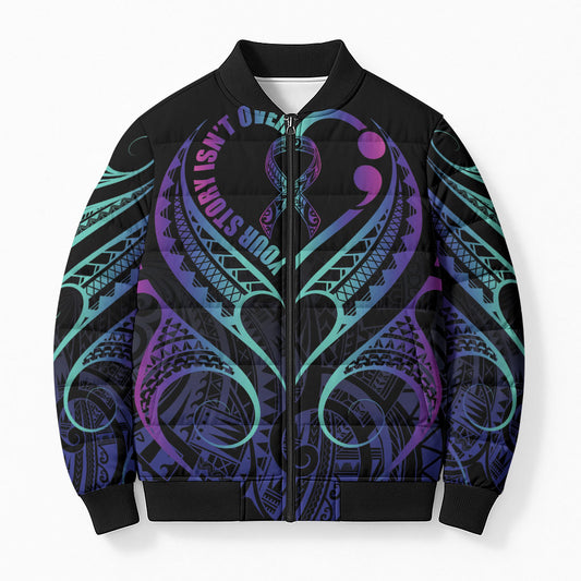 Personalised Your Story Isn't Over Bomber Puffer Jacket Suicide Prevention Support Semicolon Polynesian Heart