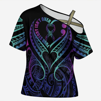 Personalised Your Story Isn't Over Cross Shoulder Shirt Suicide Prevention Support Semicolon Polynesian Heart