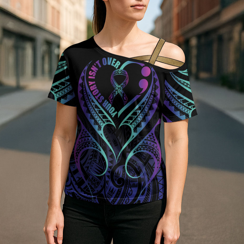 Personalised Your Story Isn't Over Cross Shoulder Shirt Suicide Prevention Support Semicolon Polynesian Heart