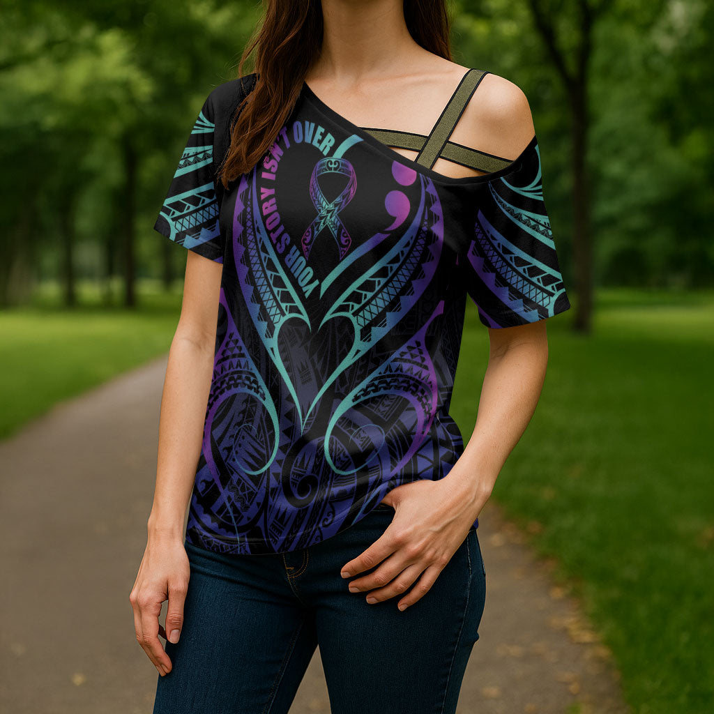 Personalised Your Story Isn't Over Cross Shoulder Shirt Suicide Prevention Support Semicolon Polynesian Heart