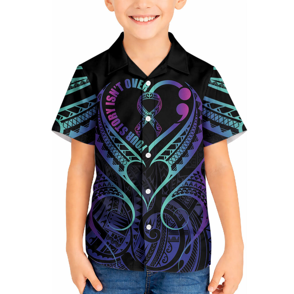 Personalised Your Story Isn't Over Kid Hawaiian Shirt Suicide Prevention Support Semicolon Polynesian Heart