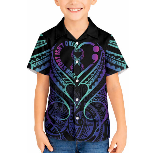 Personalised Your Story Isn't Over Kid Hawaiian Shirt Suicide Prevention Support Semicolon Polynesian Heart