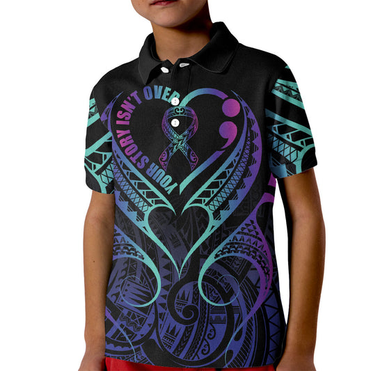 Personalised Your Story Isn't Over Kid Polo Shirt Suicide Prevention Support Semicolon Polynesian Heart