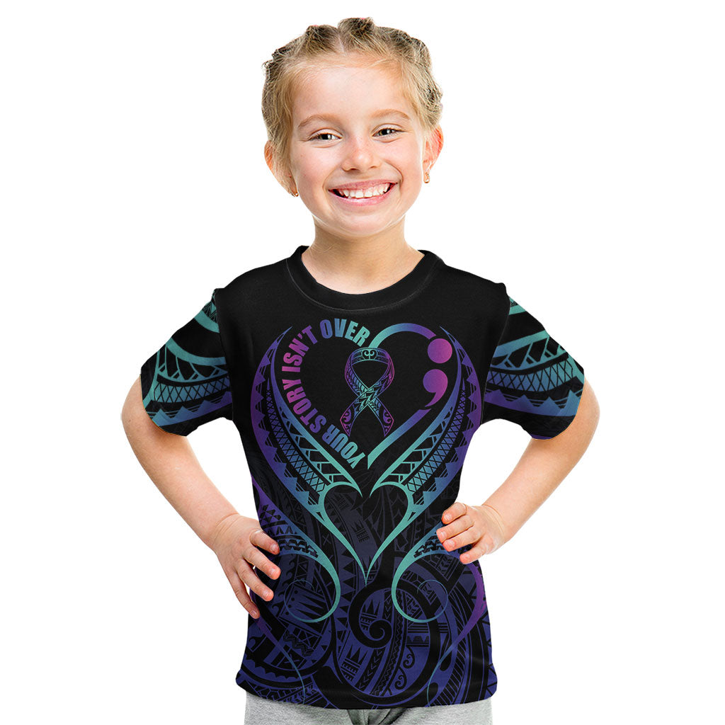 Personalised Your Story Isn't Over Kid T Shirt Suicide Prevention Support Semicolon Polynesian Heart