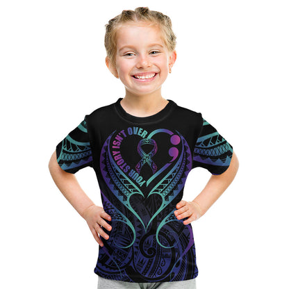 Personalised Your Story Isn't Over Kid T Shirt Suicide Prevention Support Semicolon Polynesian Heart