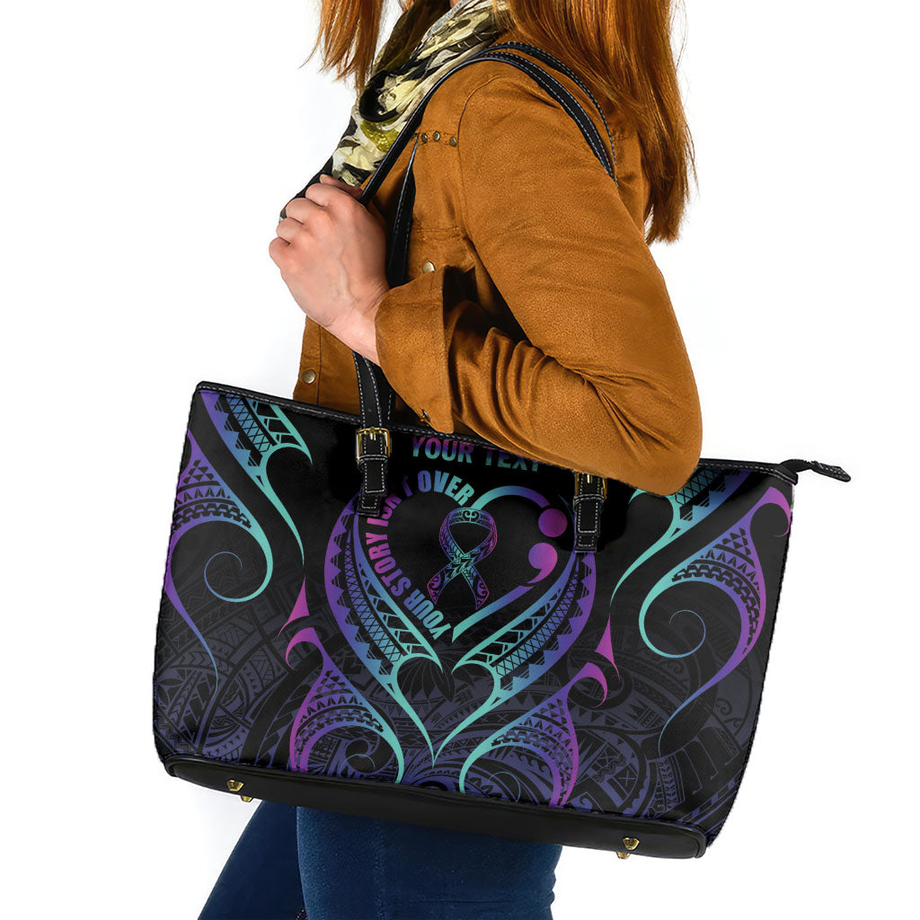 Personalised Your Story Isn't Over Leather Tote Bag Suicide Prevention Support Semicolon Polynesian Heart