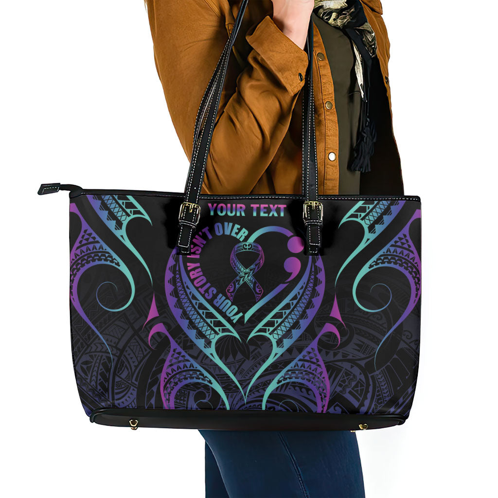 Personalised Your Story Isn't Over Leather Tote Bag Suicide Prevention Support Semicolon Polynesian Heart