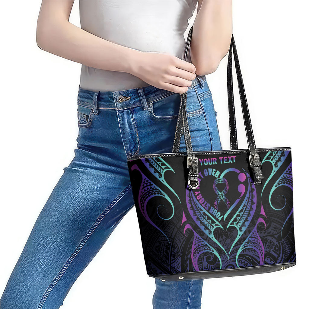 Personalised Your Story Isn't Over Leather Tote Bag Suicide Prevention Support Semicolon Polynesian Heart