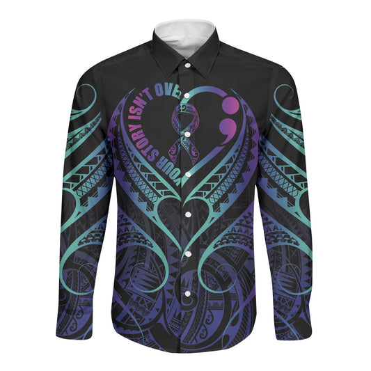 Personalised Your Story Isn't Over Long Sleeve Button Shirt Suicide Prevention Support Semicolon Polynesian Heart