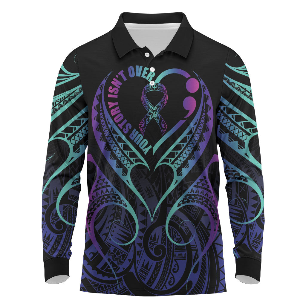 Personalised Your Story Isn't Over Long Sleeve Polo Shirt Suicide Prevention Support Semicolon Polynesian Heart
