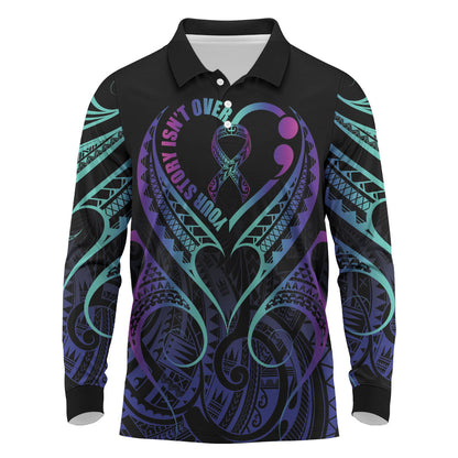 Personalised Your Story Isn't Over Long Sleeve Polo Shirt Suicide Prevention Support Semicolon Polynesian Heart