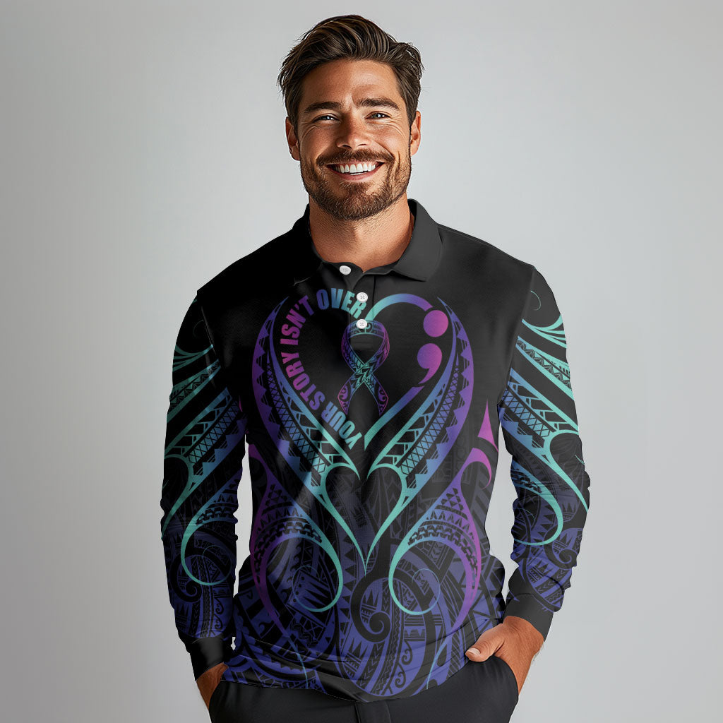 Personalised Your Story Isn't Over Long Sleeve Polo Shirt Suicide Prevention Support Semicolon Polynesian Heart