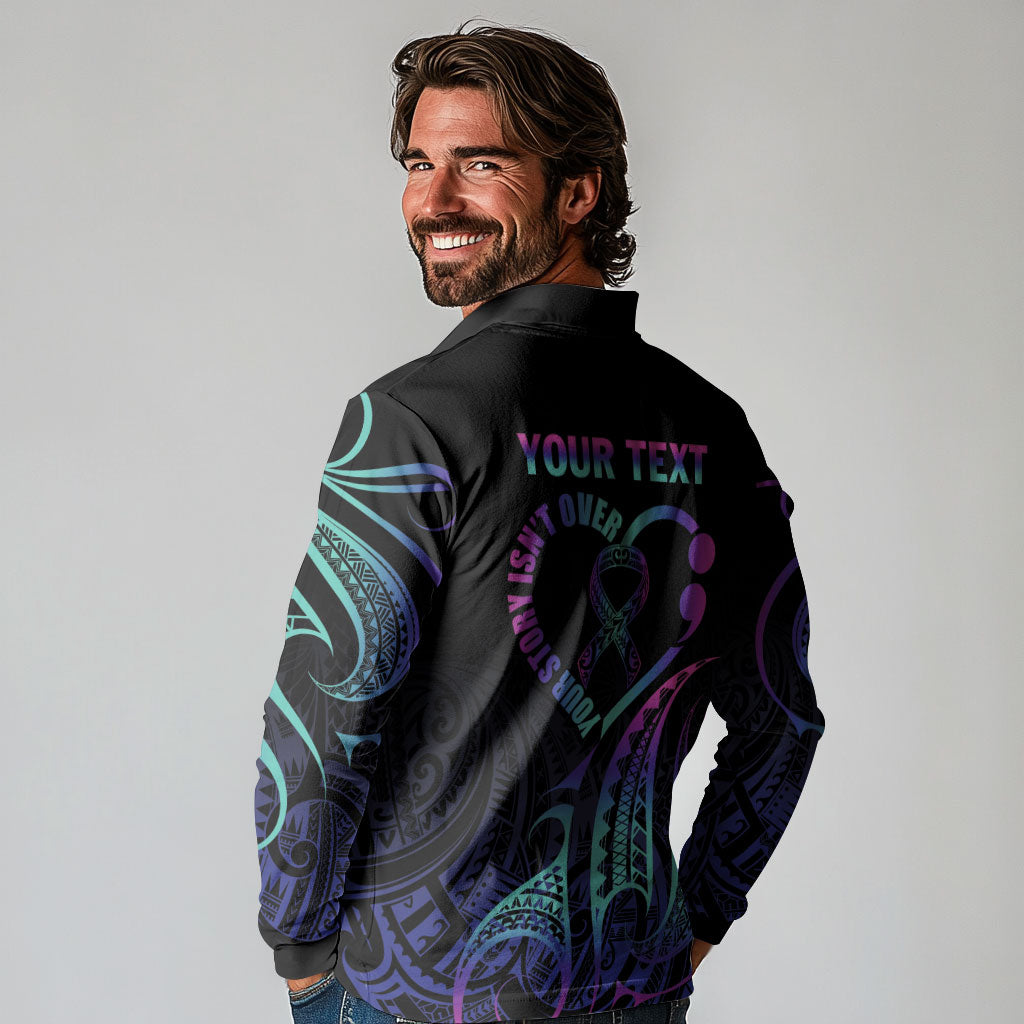 Personalised Your Story Isn't Over Long Sleeve Polo Shirt Suicide Prevention Support Semicolon Polynesian Heart