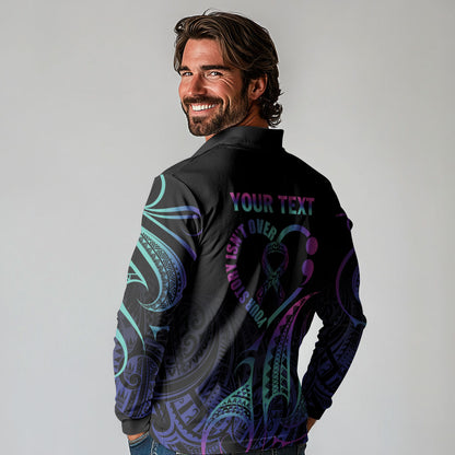 Personalised Your Story Isn't Over Long Sleeve Polo Shirt Suicide Prevention Support Semicolon Polynesian Heart
