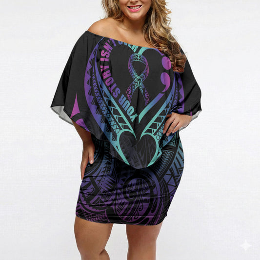 Personalised Your Story Isn't Over Off Shoulder Short Dress Suicide Prevention Support Semicolon Polynesian Heart