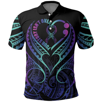 Personalised Your Story Isn't Over Polo Shirt Suicide Prevention Support Semicolon Polynesian Heart