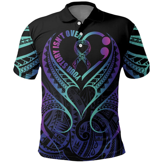 Personalised Your Story Isn't Over Polo Shirt Suicide Prevention Support Semicolon Polynesian Heart