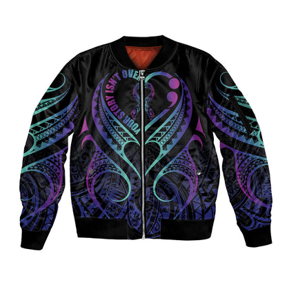 Personalised Your Story Isn't Over Sleeve Zip Bomber Jacket Suicide Prevention Support Semicolon Polynesian Heart