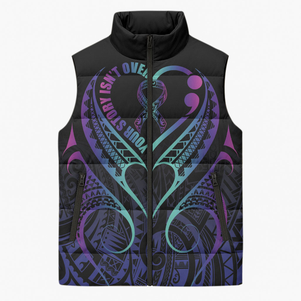 Personalised Your Story Isn't Over Sleeveless Puffer Jacket Suicide Prevention Support Semicolon Polynesian Heart