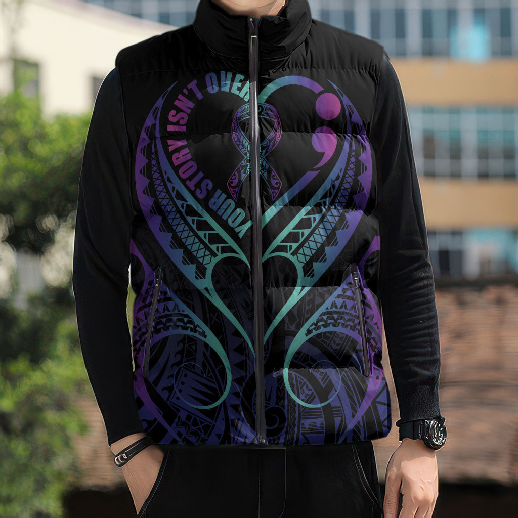 Personalised Your Story Isn't Over Sleeveless Puffer Jacket Suicide Prevention Support Semicolon Polynesian Heart