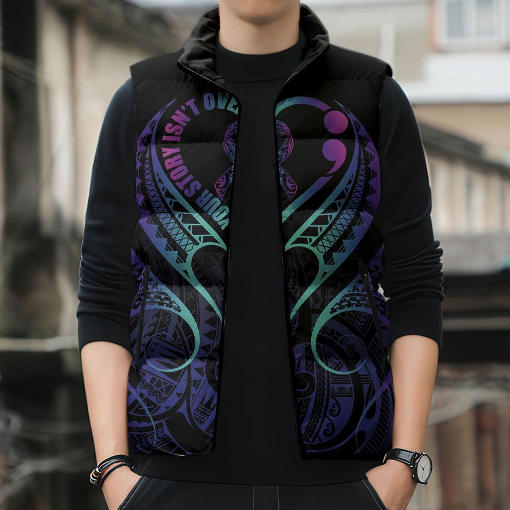 Personalised Your Story Isn't Over Sleeveless Puffer Jacket Suicide Prevention Support Semicolon Polynesian Heart