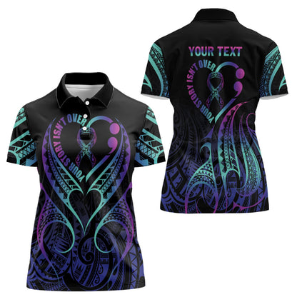 Personalised Your Story Isn't Over Women Polo Shirt Suicide Prevention Support Semicolon Polynesian Heart