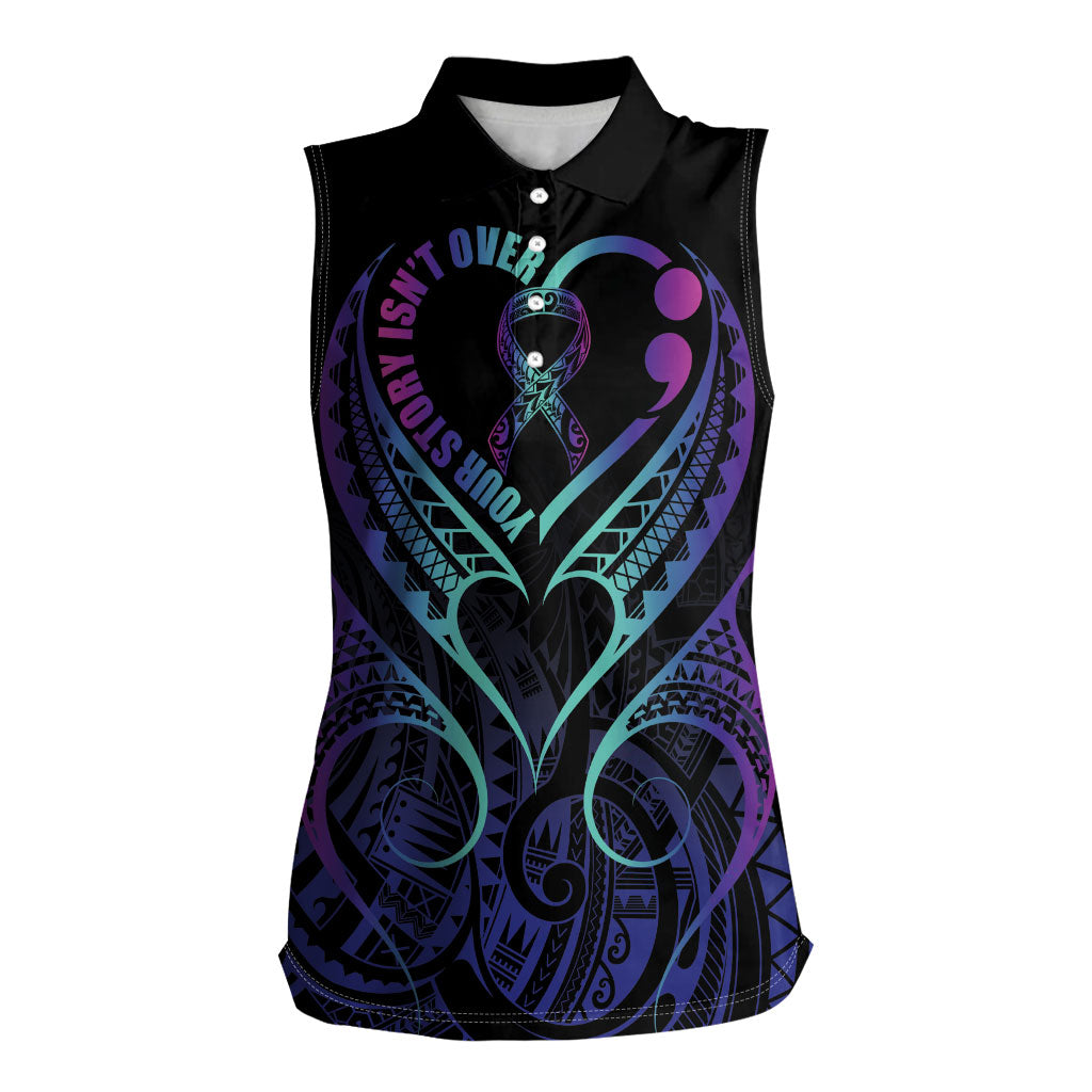 Personalised Your Story Isn't Over Women Sleeveless Polo Shirt Suicide Prevention Support Semicolon Polynesian Heart