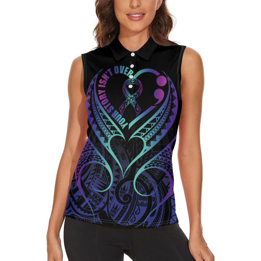 Personalised Your Story Isn't Over Women Sleeveless Polo Shirt Suicide Prevention Support Semicolon Polynesian Heart