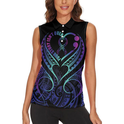 Personalised Your Story Isn't Over Women Sleeveless Polo Shirt Suicide Prevention Support Semicolon Polynesian Heart