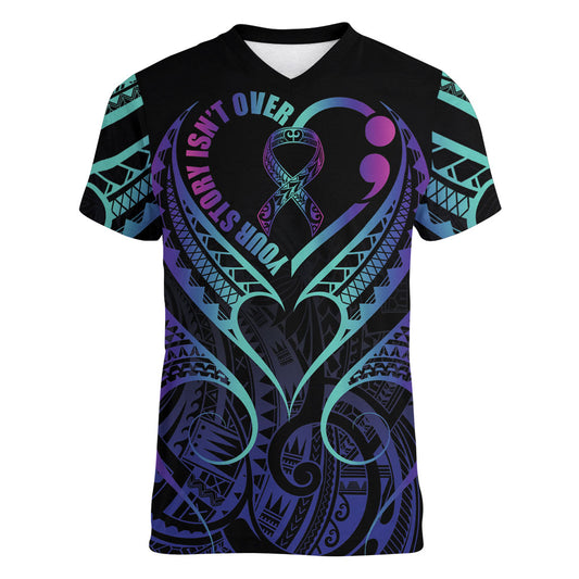 Personalised Your Story Isn't Over Women V-Neck T-Shirt Suicide Prevention Support Semicolon Polynesian Heart