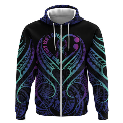 Personalised Your Story Isn't Over Zip Hoodie Suicide Prevention Support Semicolon Polynesian Heart