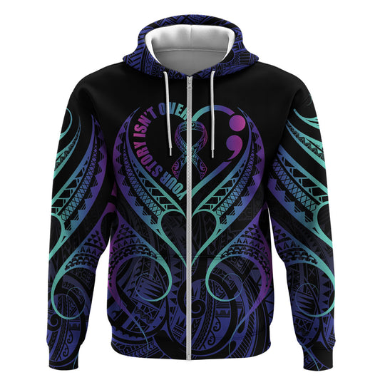 Personalised Your Story Isn't Over Zip Hoodie Suicide Prevention Support Semicolon Polynesian Heart